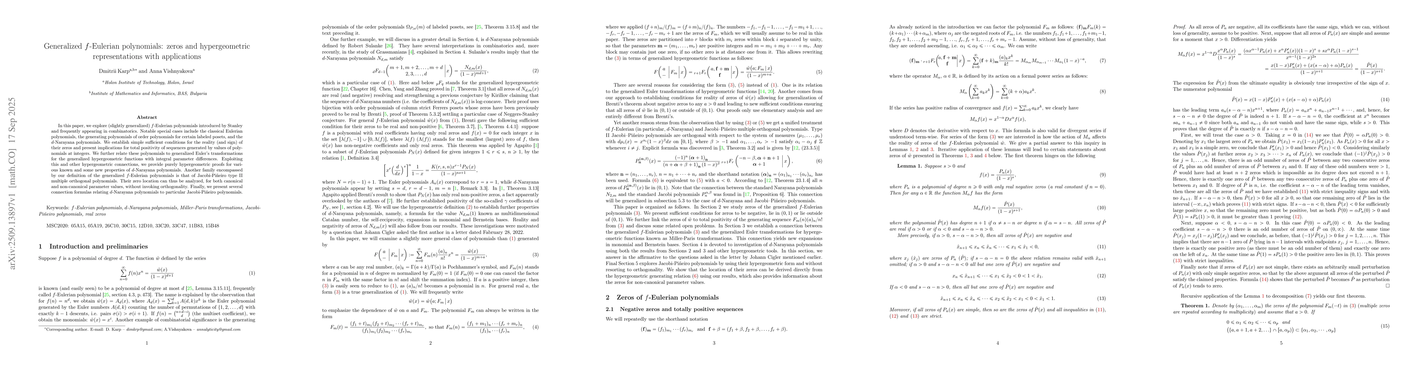 Thumbnail for Generalized $f$-Eulerian polynomials: zeros and hypergeometric
  representations with applications