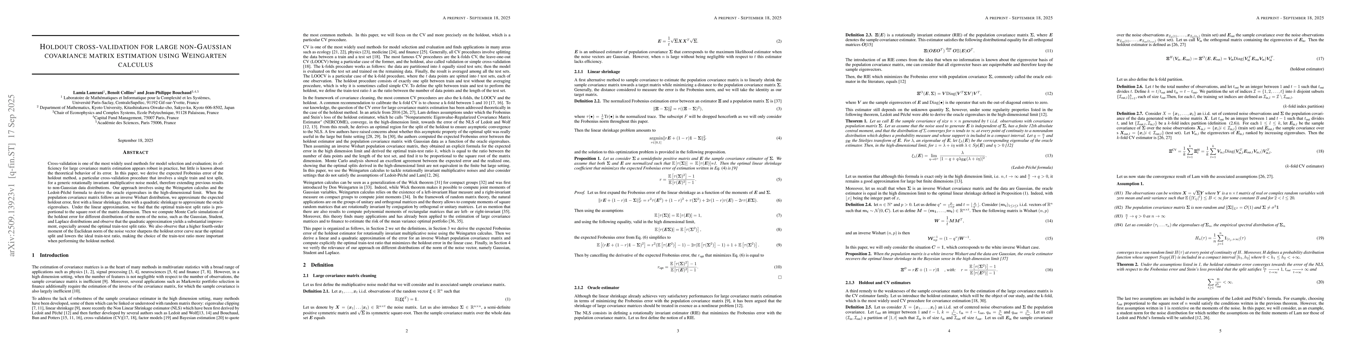 Thumbnail for Holdout cross-validation for large non-Gaussian covariance matrix
  estimation using Weingarten calculus