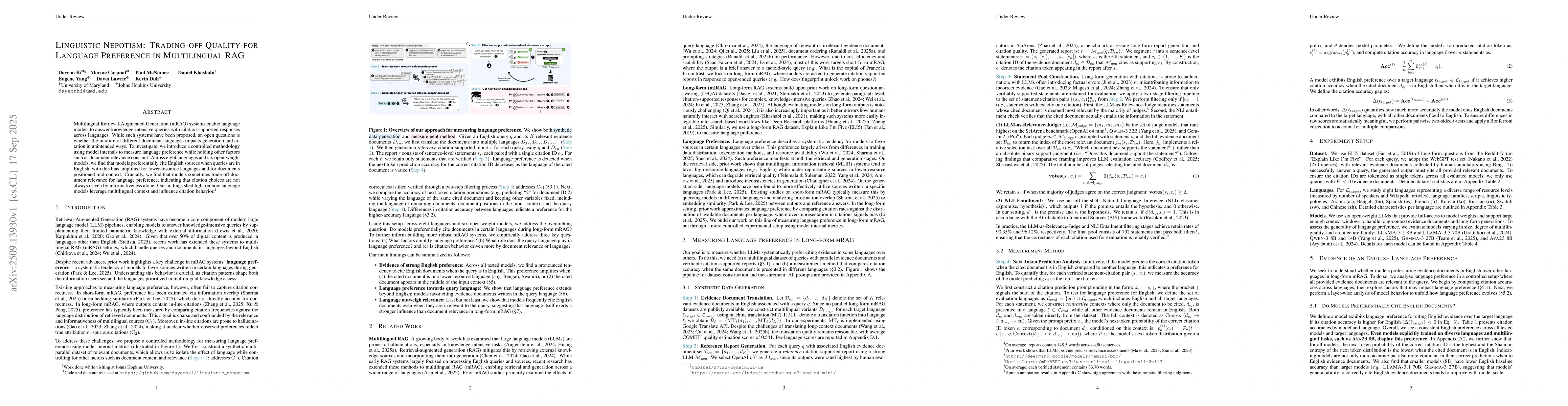 Thumbnail for Linguistic Nepotism: Trading-off Quality for Language Preference in
  Multilingual RAG