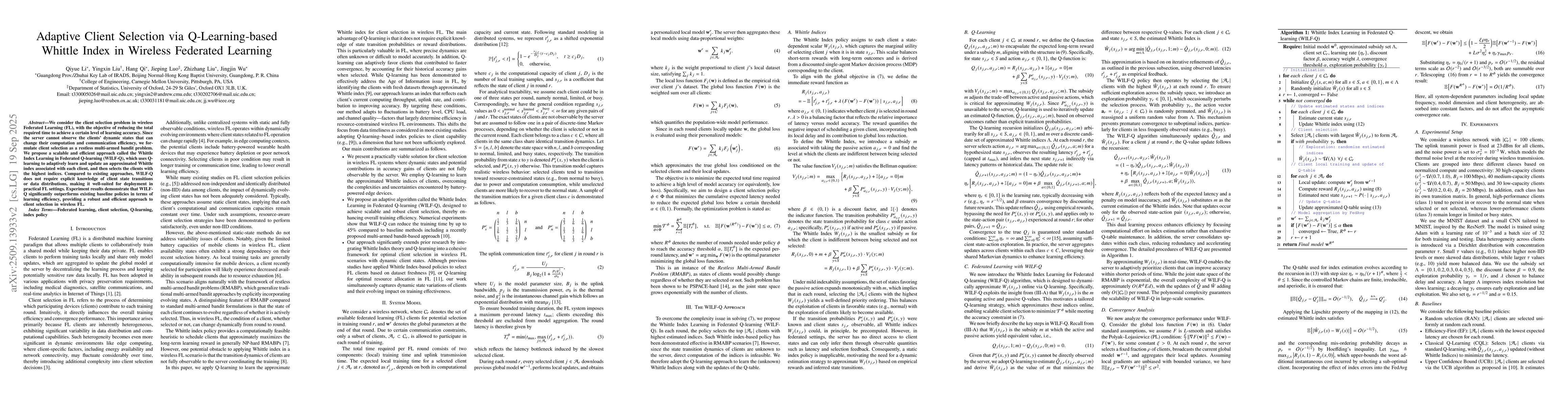 Thumbnail for Adaptive Client Selection via Q-Learning-based Whittle Index in Wireless
  Federated Learning