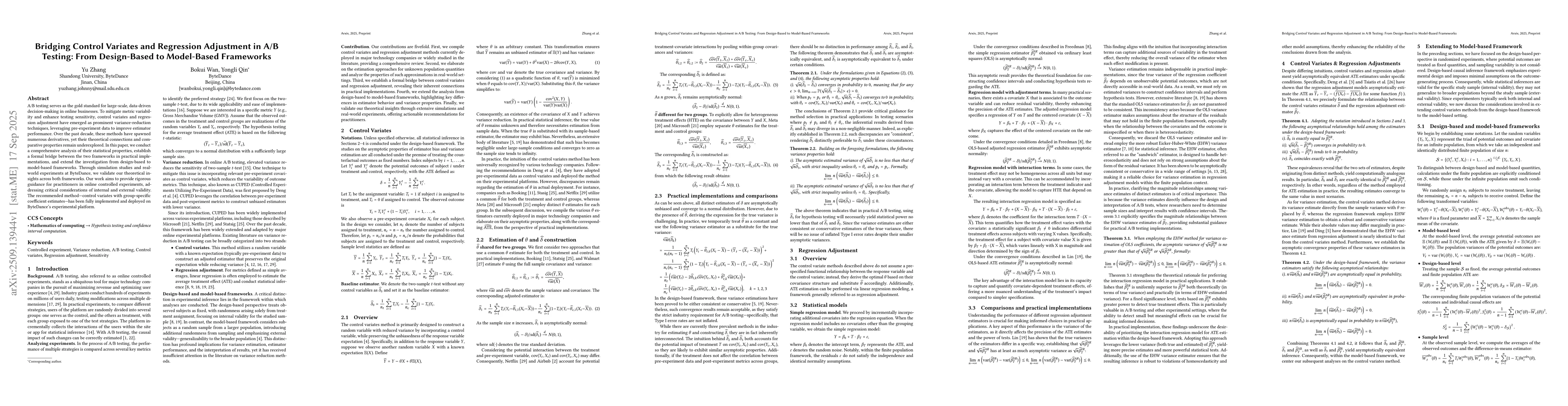 Thumbnail for Bridging Control Variates and Regression Adjustment in A/B Testing: From
  Design-Based to Model-Based Frameworks