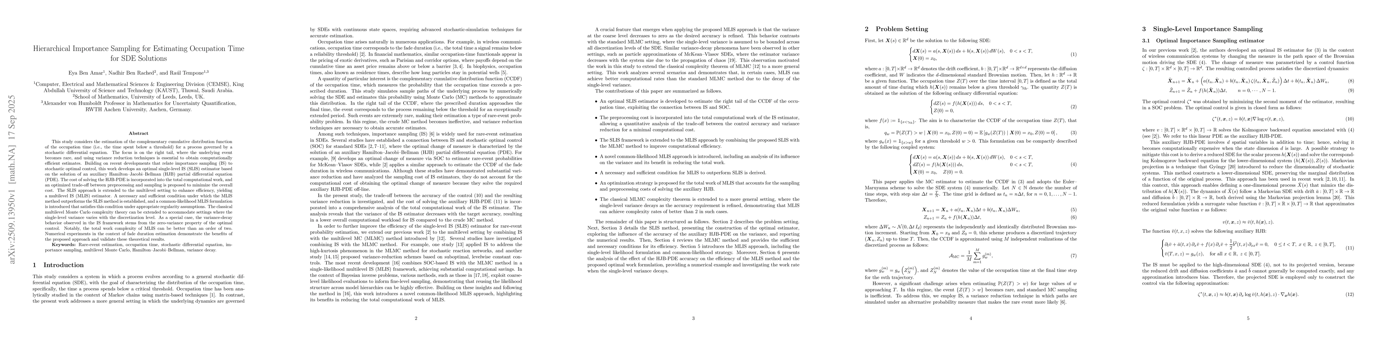 Thumbnail for Hierarchical Importance Sampling for Estimating Occupation Time for SDE
  Solutions