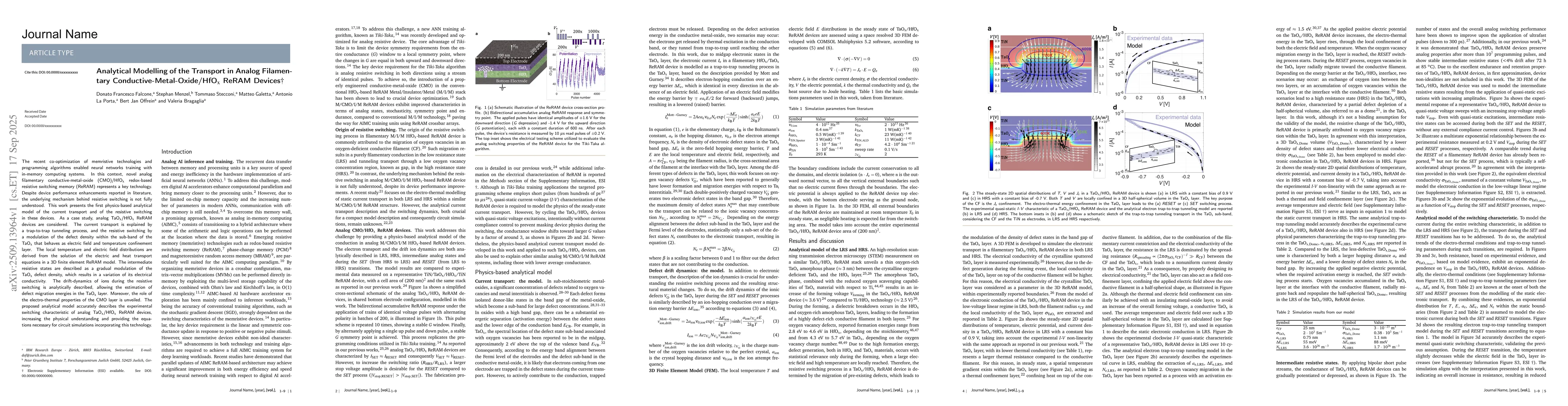 Thumbnail for Analytical Modelling of the Transport in Analog Filamentary
  Conductive-Metal-Oxide/HfOx ReRAM Devices