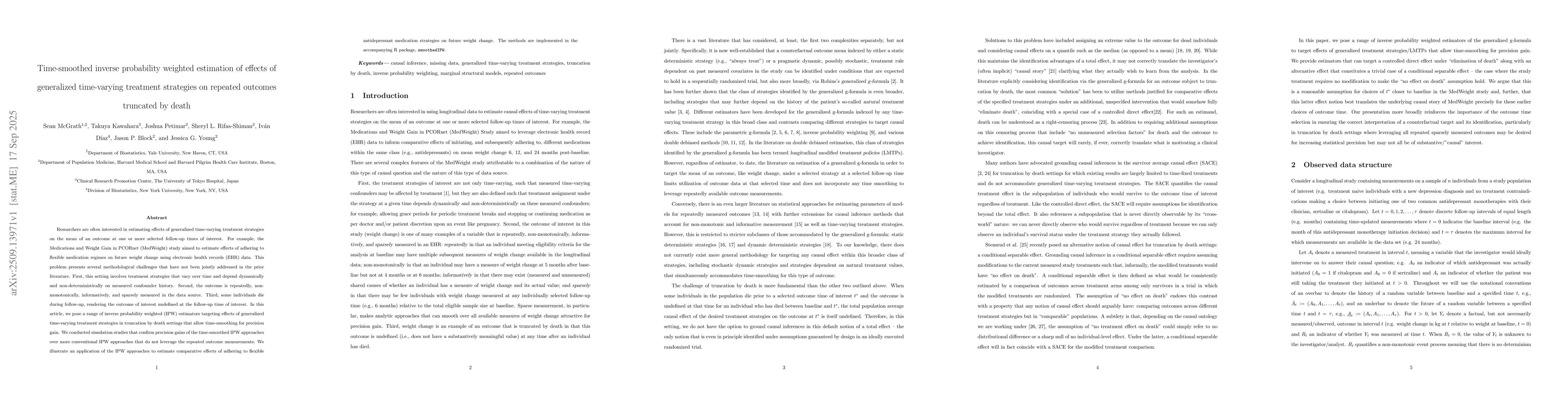 Thumbnail for Time-smoothed inverse probability weighted estimation of effects of
  generalized time-varying treatment strategies on repeated outcomes truncated
  by death
