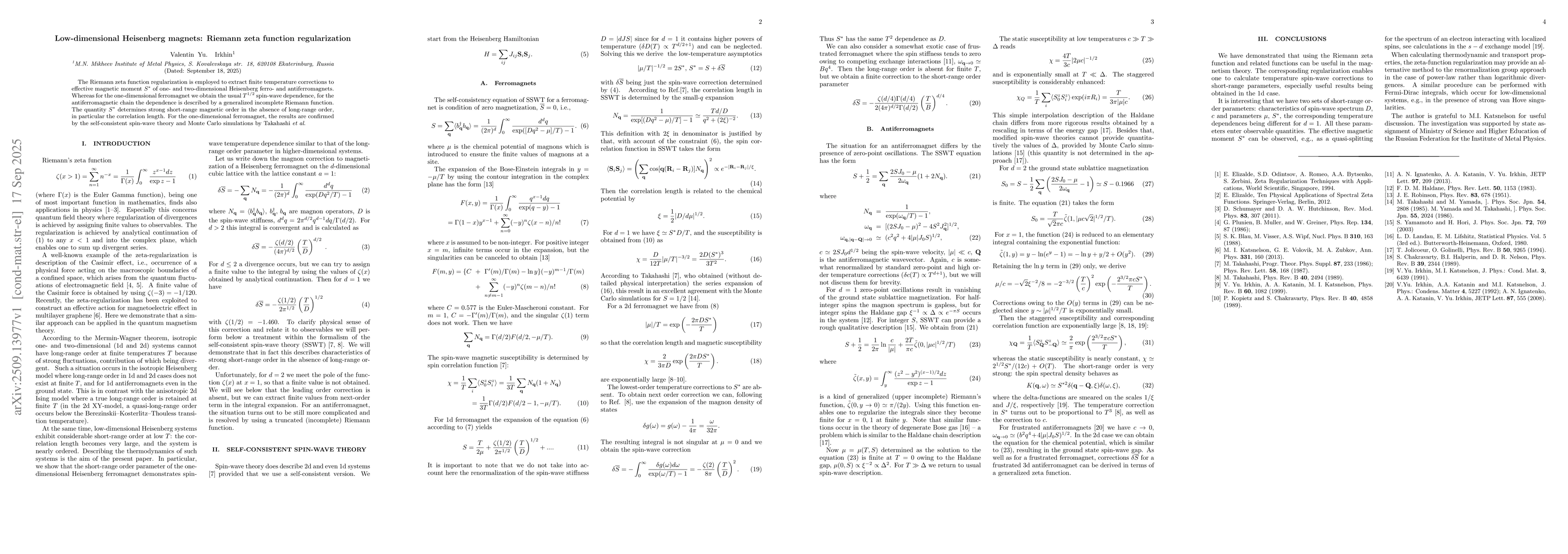 Thumbnail for Low-dimensional Heisenberg magnets: Riemann zeta function regularization