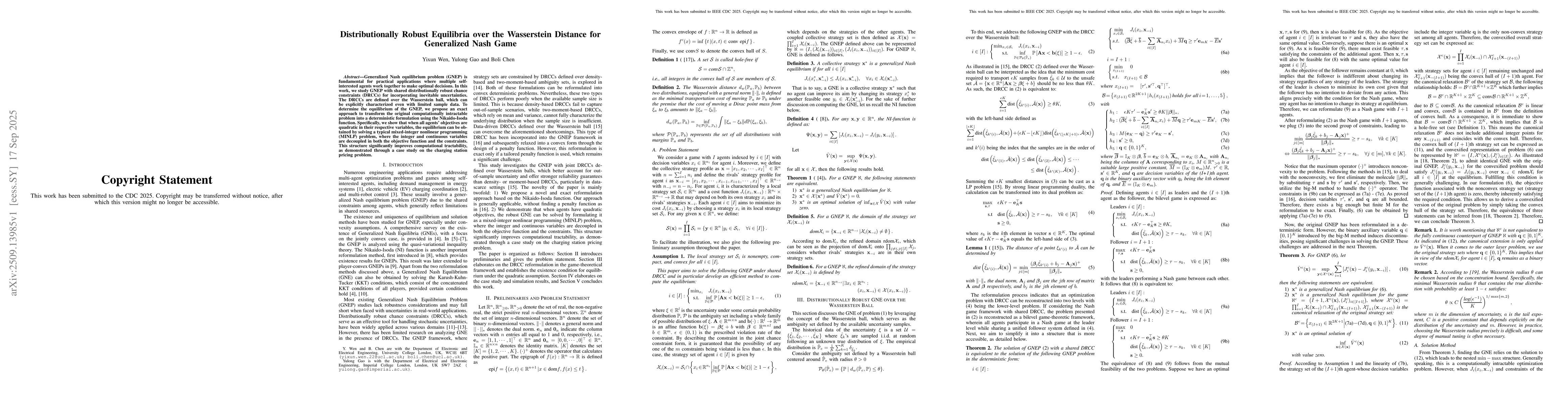 Thumbnail for Distributionally Robust Equilibria over the Wasserstein Distance for
  Generalized Nash Game