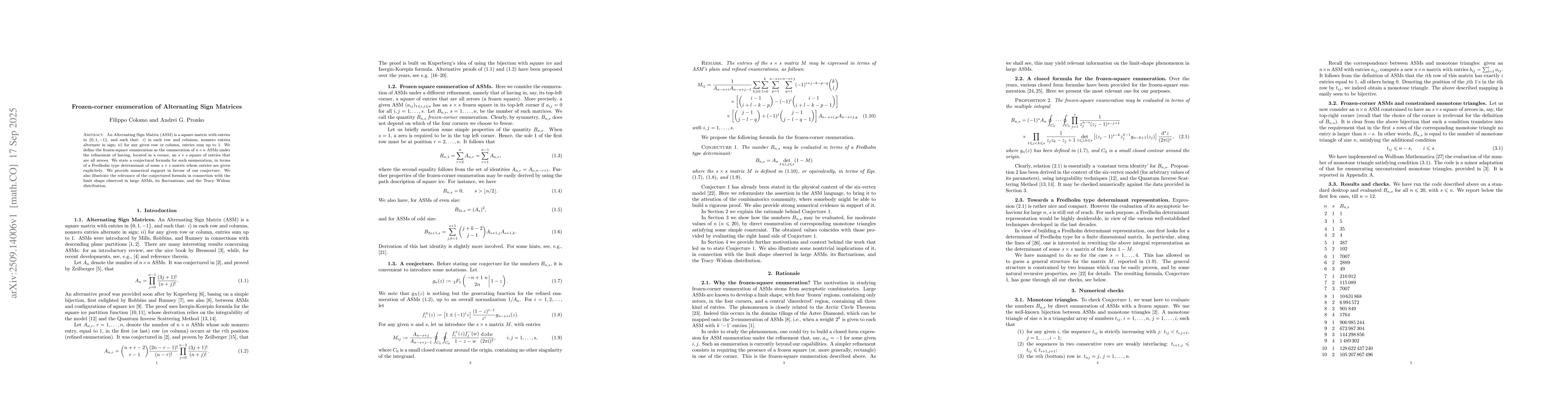 Thumbnail for Frozen-corner enumeration of Alternating Sign Matrices