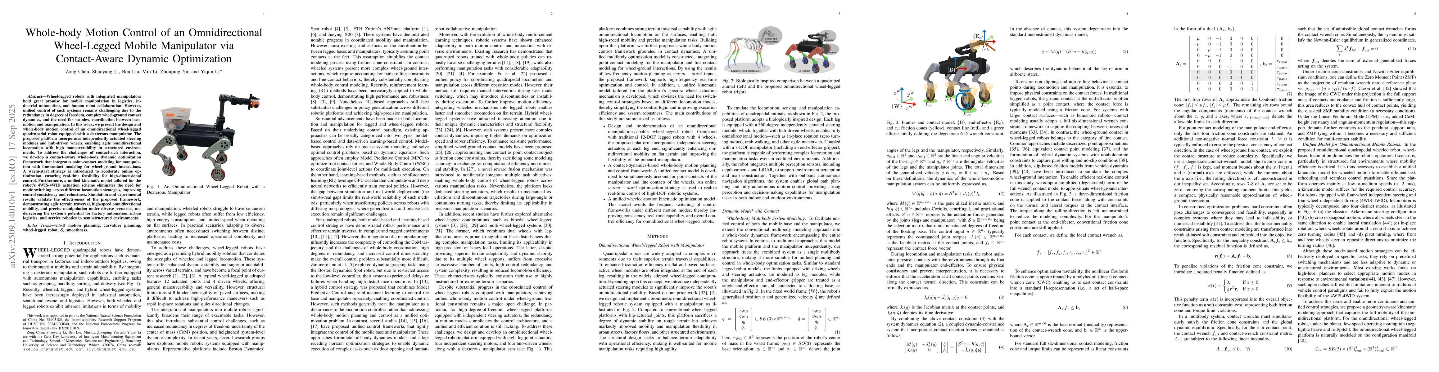 Thumbnail for Whole-body Motion Control of an Omnidirectional Wheel-Legged Mobile
  Manipulator via Contact-Aware Dynamic Optimization
