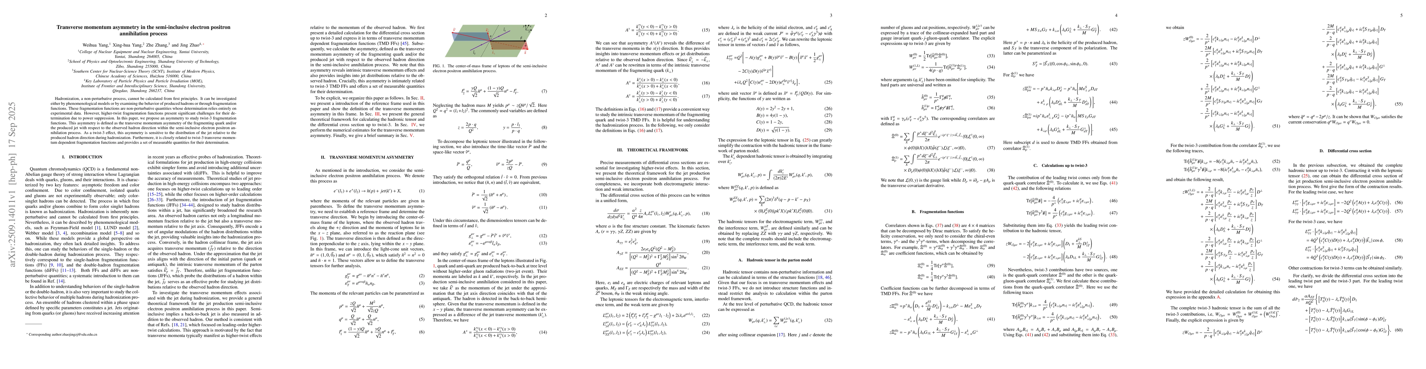 Thumbnail for Transverse momentum asymmetry in the semi-inclusive electron positron
  annihilation process