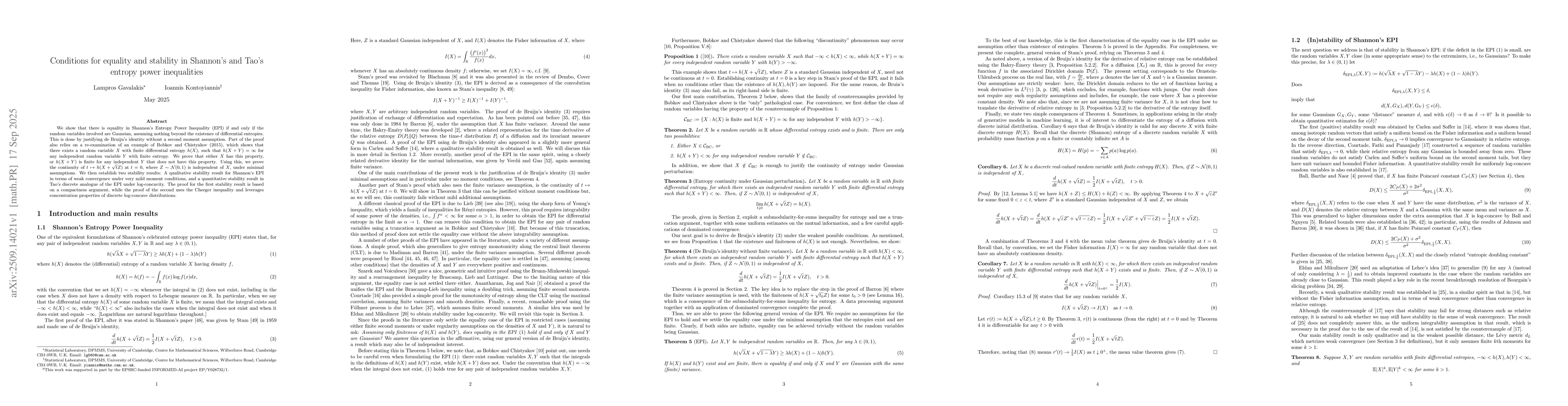 Thumbnail for Conditions for equality and stability in Shannon's and Tao's entropy
  power inequalities