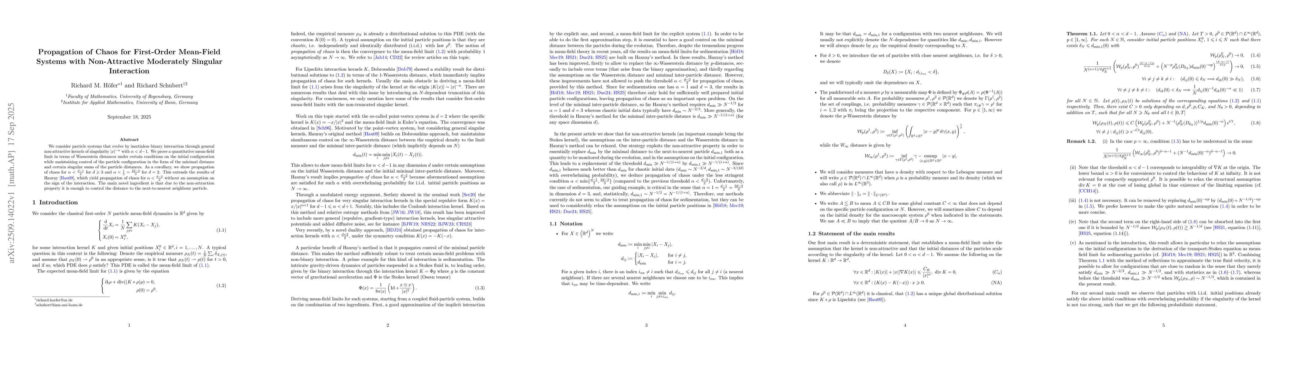 Thumbnail for Propagation of chaos for first-order mean-field systems with
  non-attractive moderately singular interaction
