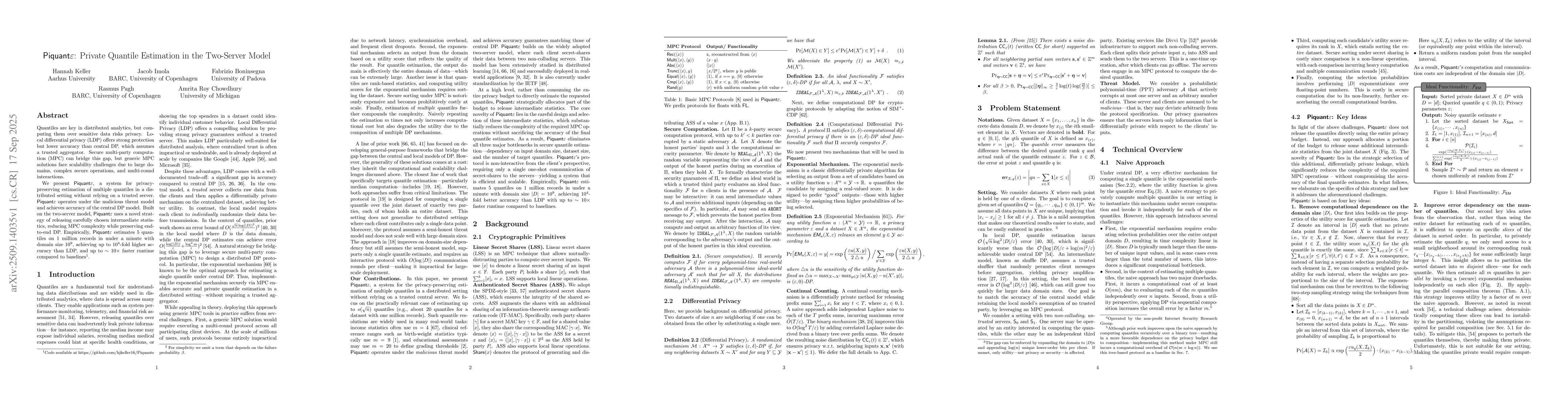 Thumbnail for Piquant$\varepsilon$: Private Quantile Estimation in the Two-Server
  Model
