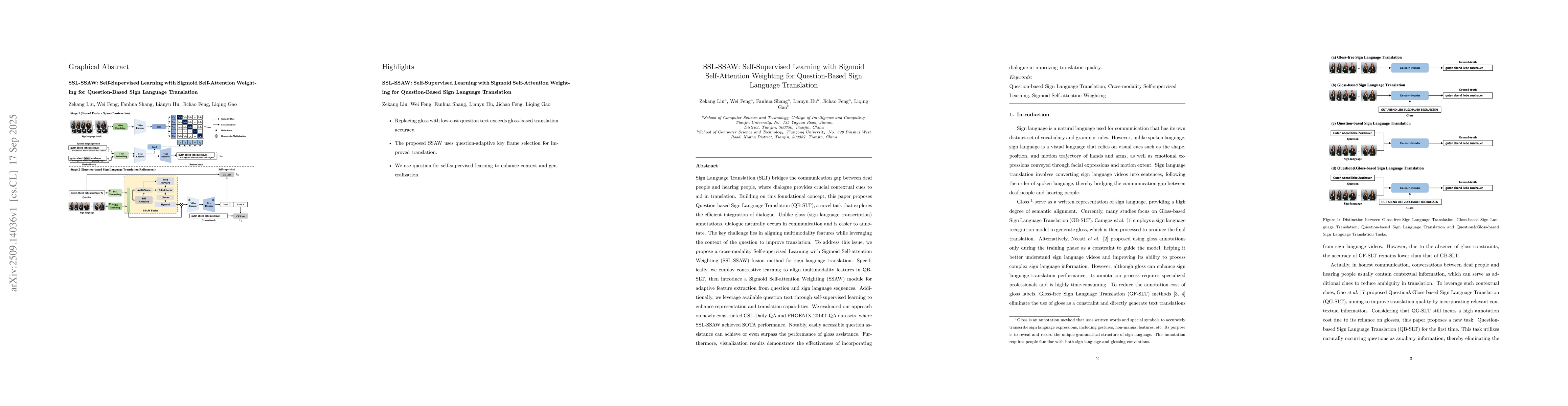 Thumbnail for SSL-SSAW: Self-Supervised Learning with Sigmoid Self-Attention Weighting
  for Question-Based Sign Language Translation