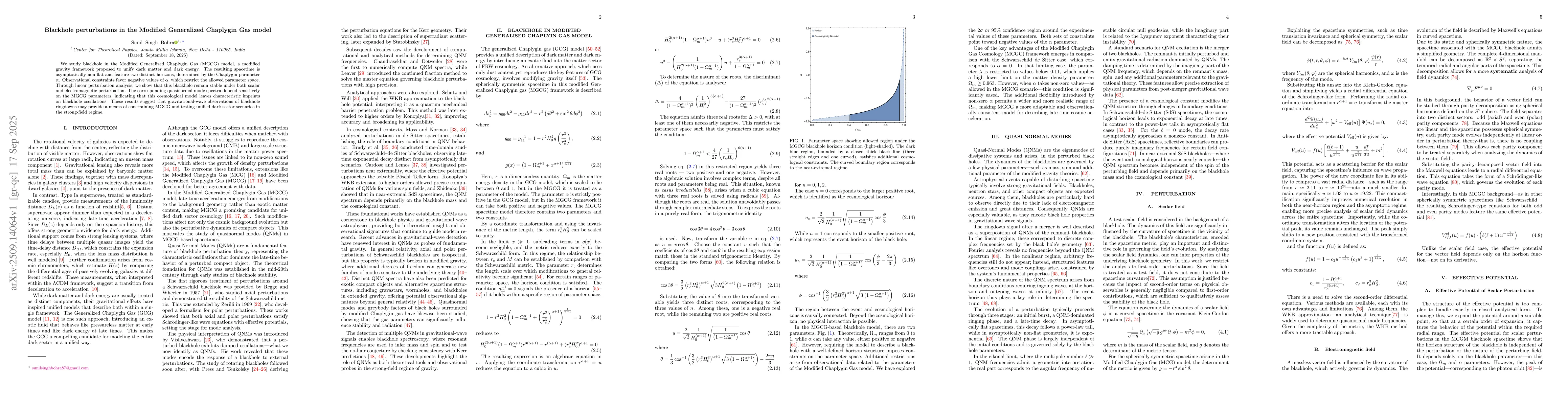 Thumbnail for Blackhole perturbations in the Modified Generalized Chaplygin Gas model