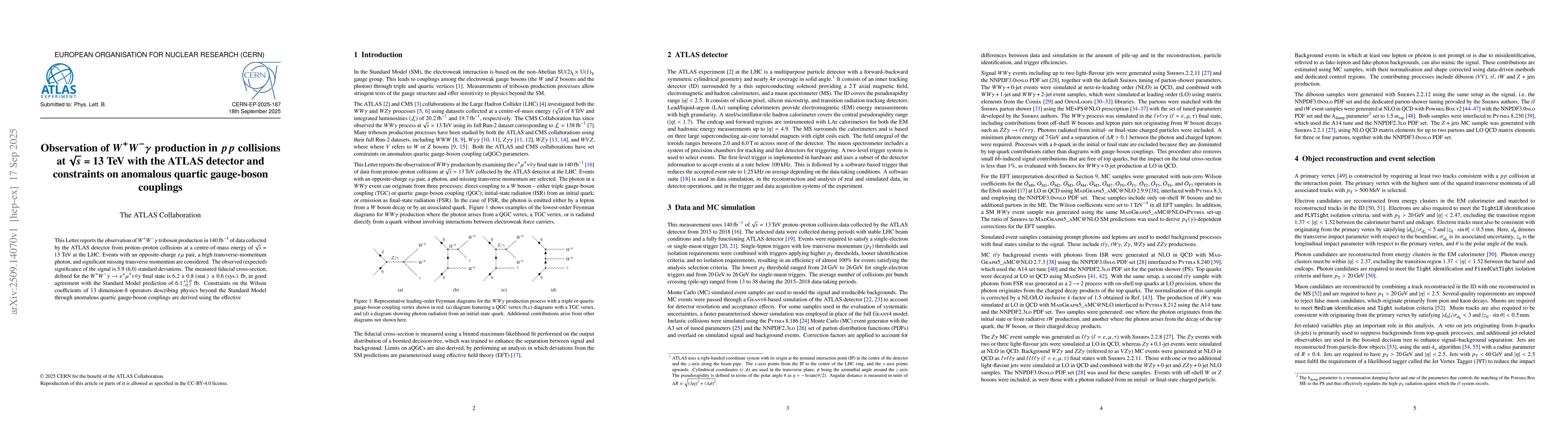 Thumbnail for Observation of $W^{+}W^{-}γ$ production in $pp$ collisions at
  $\sqrt{s}$ = 13 TeV with the ATLAS detector and constraints on anomalous
  quartic gauge-boson couplings