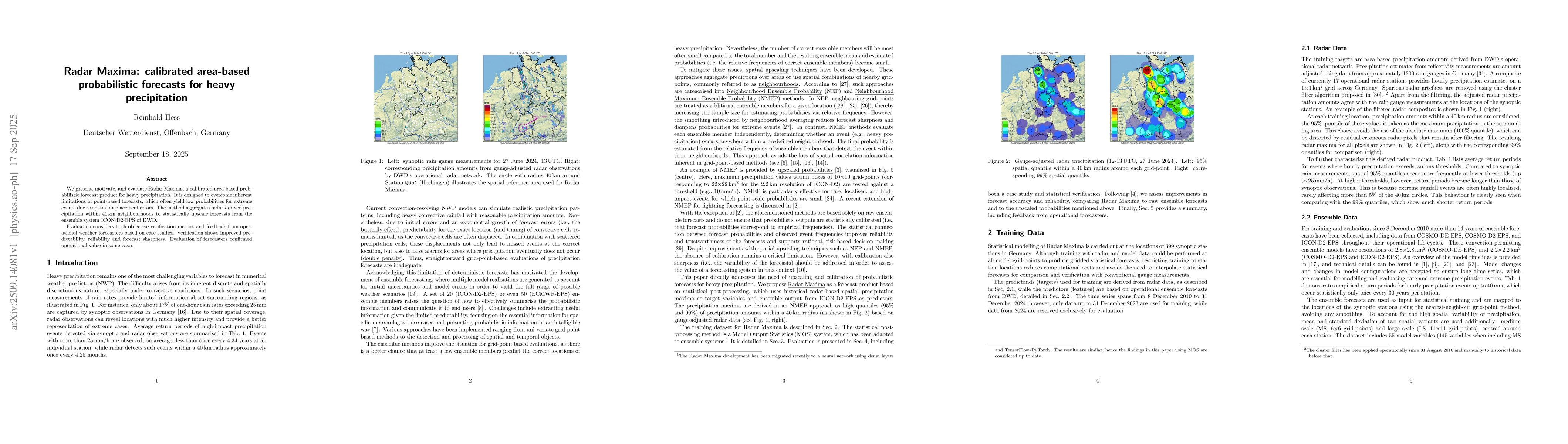 Thumbnail for Radar Maxima: calibrated area-based probabilistic forecasts for heavy
  precipitation