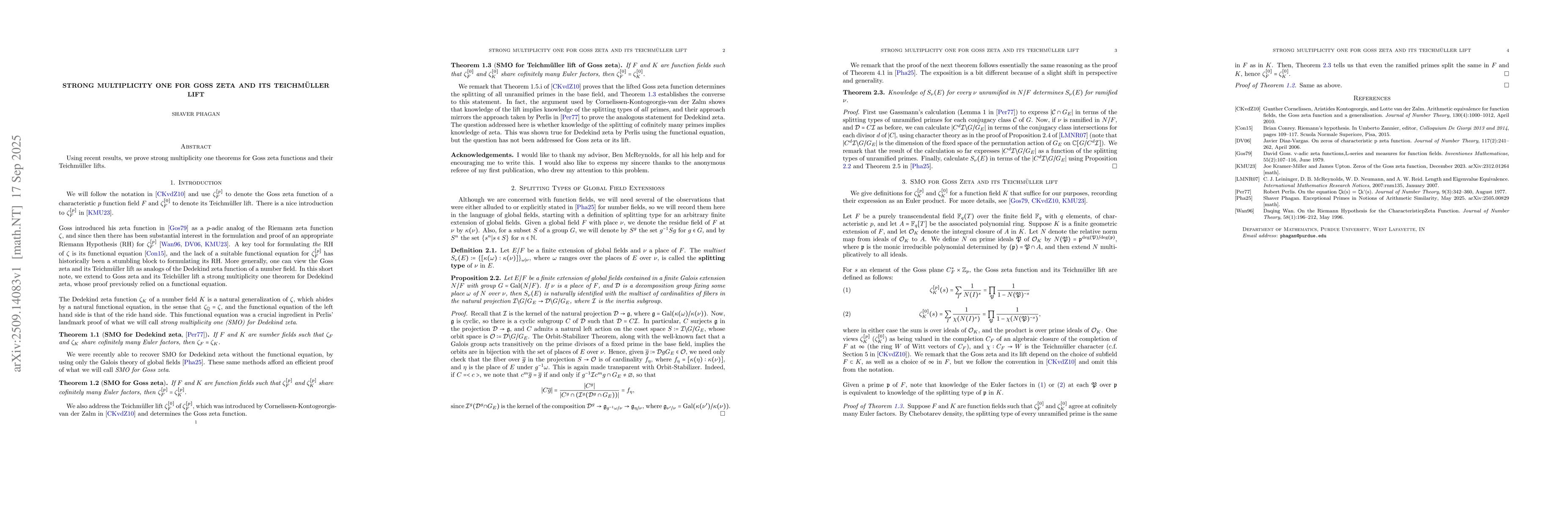 Thumbnail for Strong Multiplicity One for Goss Zeta and its Teichmuller Lift