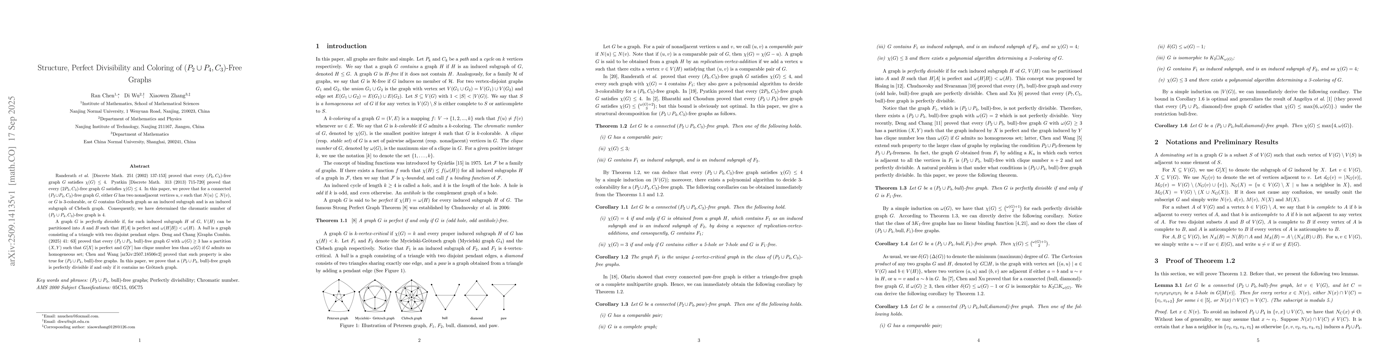 Thumbnail for Structure, Perfect Divisibility and Coloring of ($P_2\cup P_4,
  C_3$)-Free Graphs