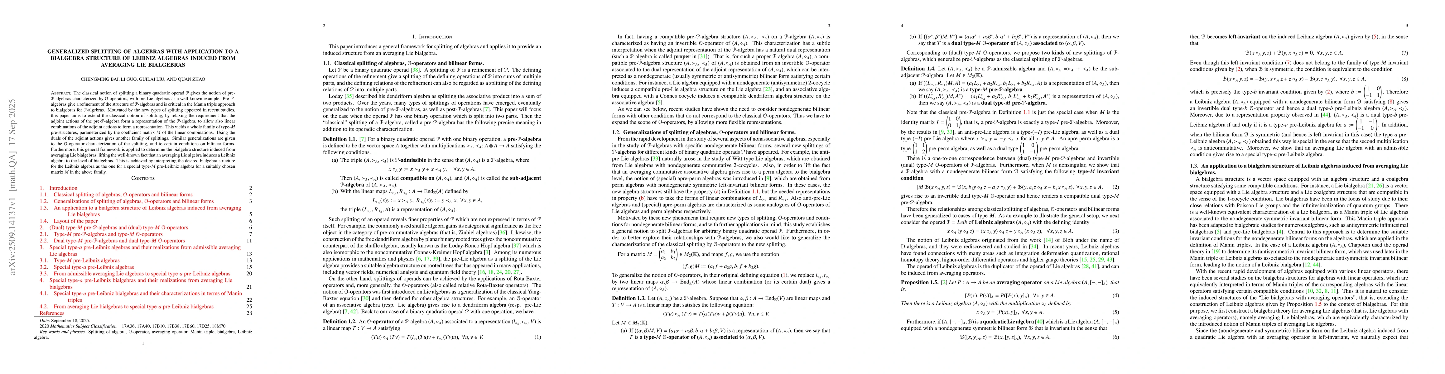 Thumbnail for Generalized splitting of algebras with application to a bialgebra
  structure of Leibniz algebras induced from averaging Lie bialgebras