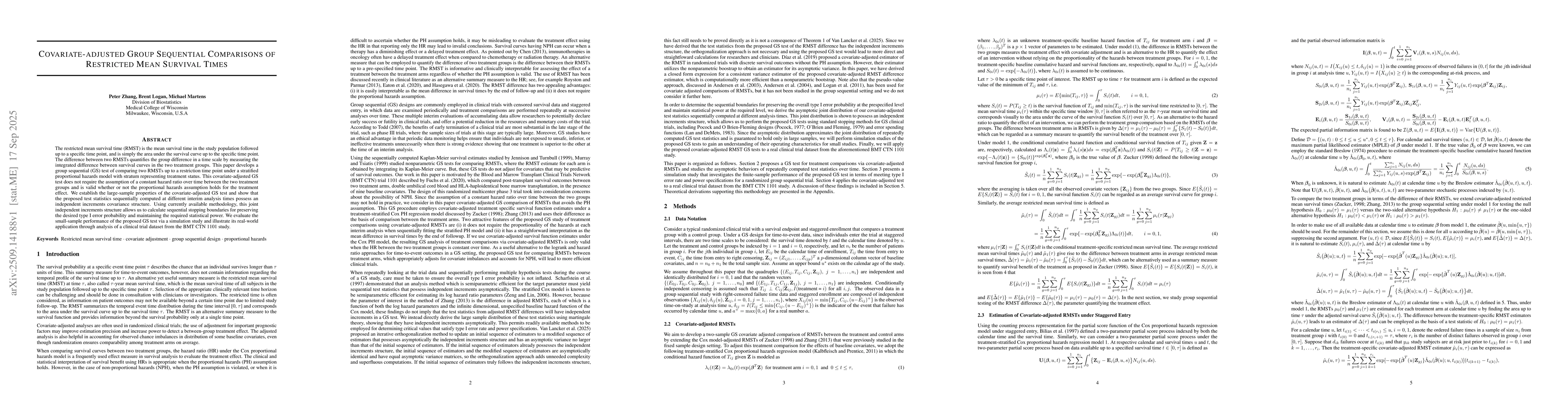 Thumbnail for Covariate-adjusted Group Sequential Comparisons of Restricted Mean
  Survival Times