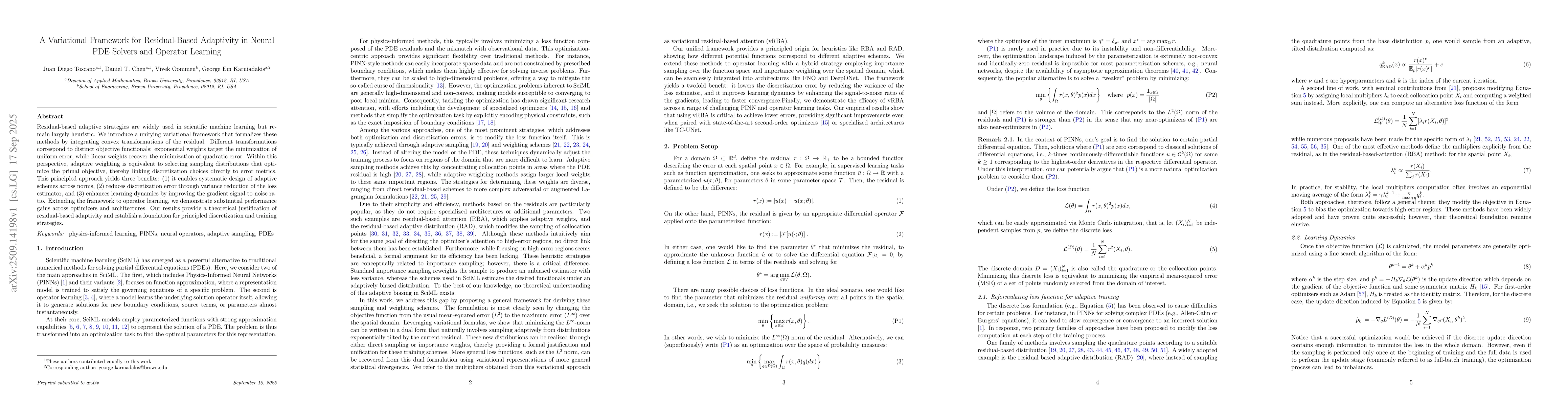 Thumbnail for A Variational Framework for Residual-Based Adaptivity in Neural PDE
  Solvers and Operator Learning