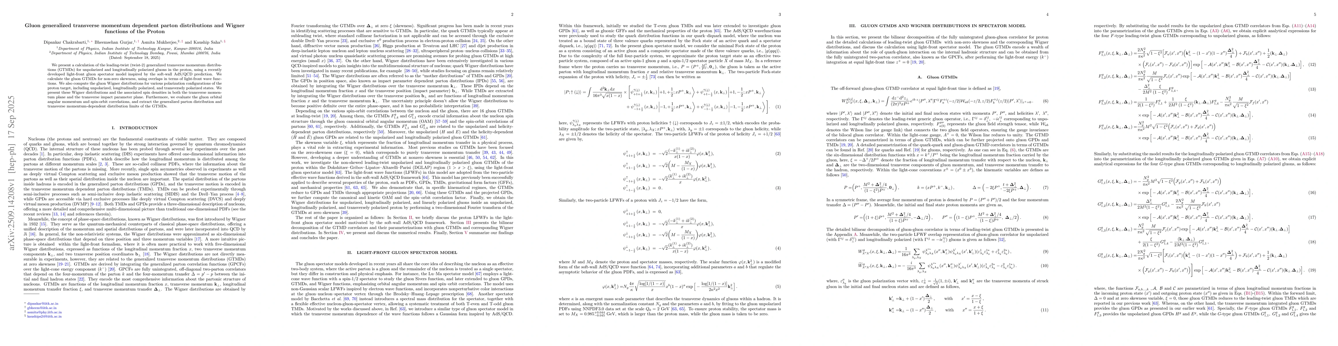 Thumbnail for Gluon generalized transverse momentum dependent parton distributions and
  Wigner functions of the Proton