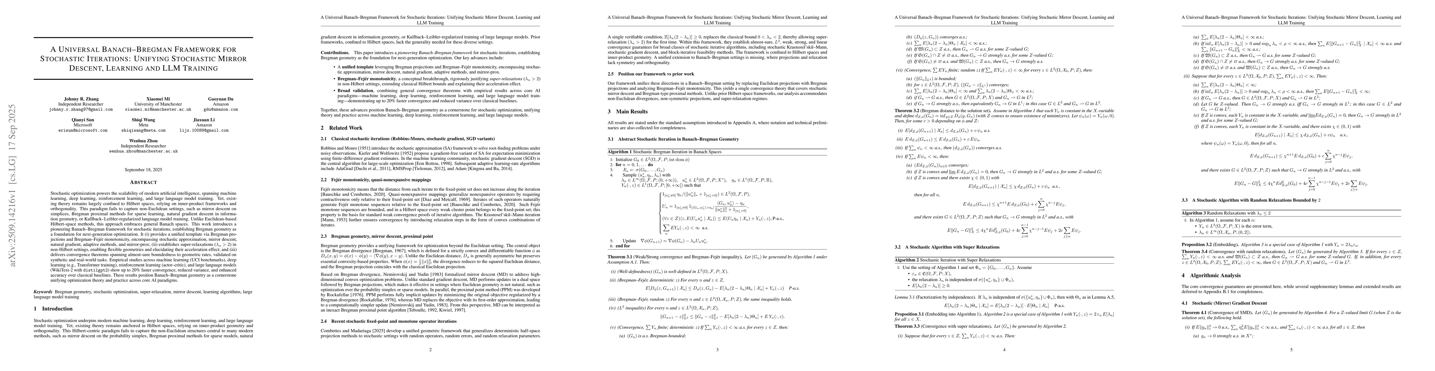 Thumbnail for A Universal Banach--Bregman Framework for Stochastic Iterations:
  Unifying Stochastic Mirror Descent, Learning and LLM Training