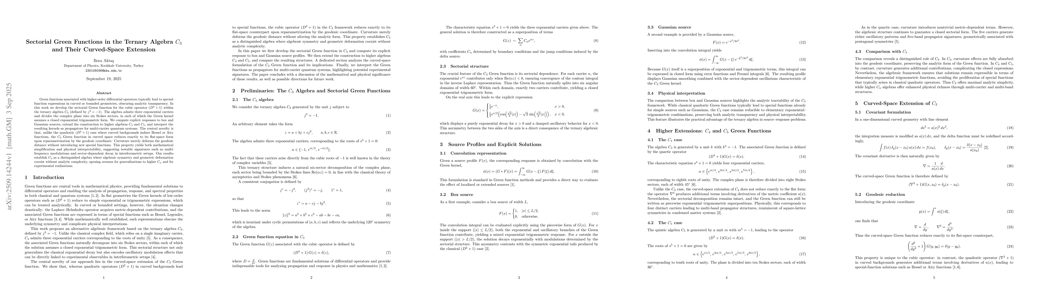 Thumbnail for Sectorial Green Functions in the Ternary Algebra C3 and Their
  Curved-Space Extension