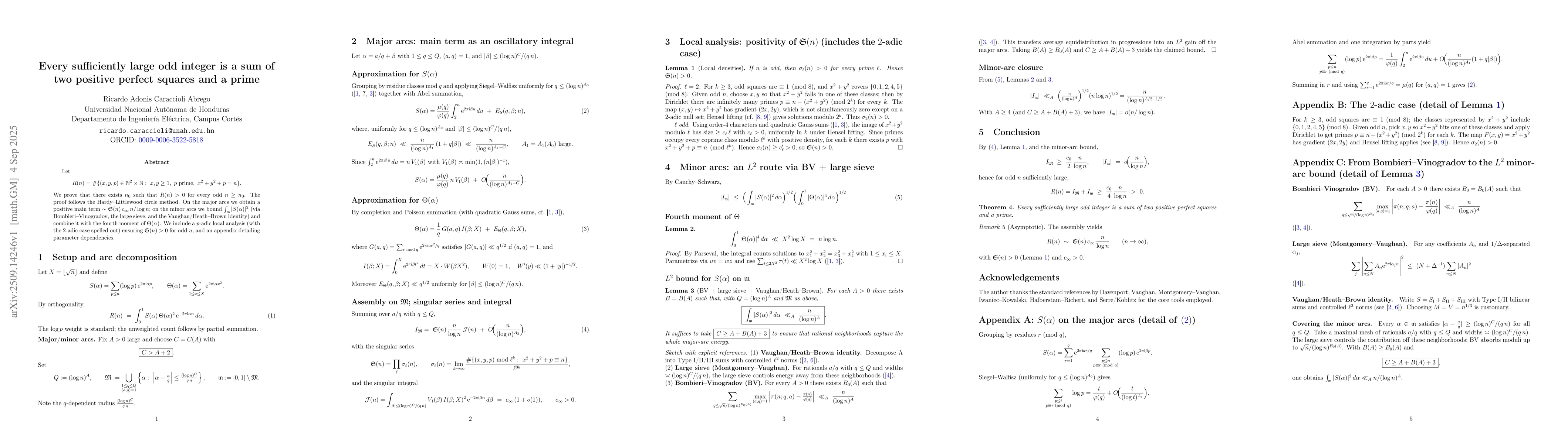 Thumbnail for Every sufficiently large odd integer is a sum of two positive perfect
  squares and a prime