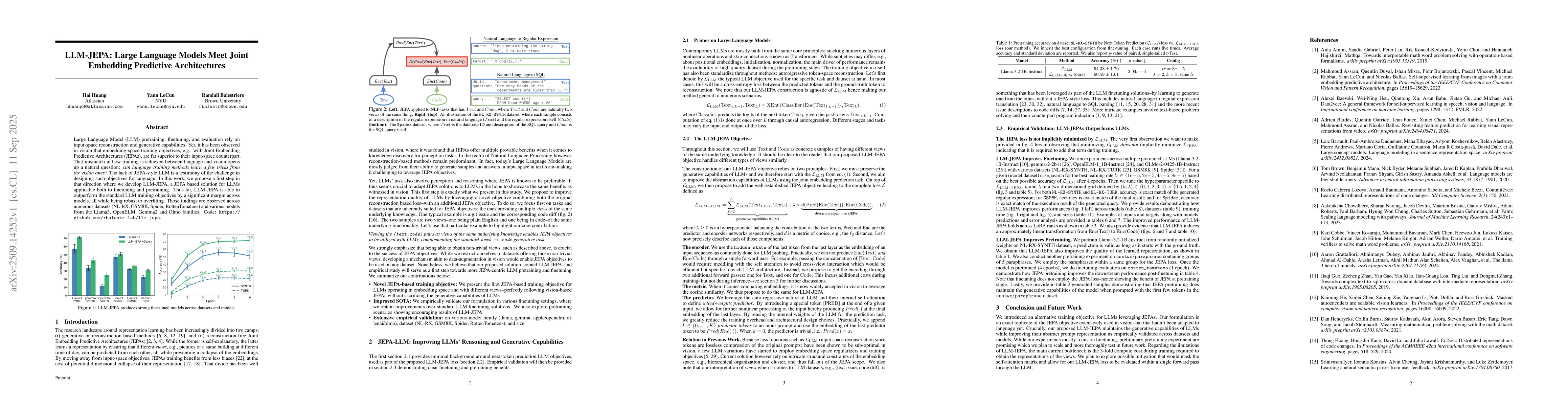 Thumbnail for LLM-JEPA: Large Language Models Meet Joint Embedding Predictive
  Architectures