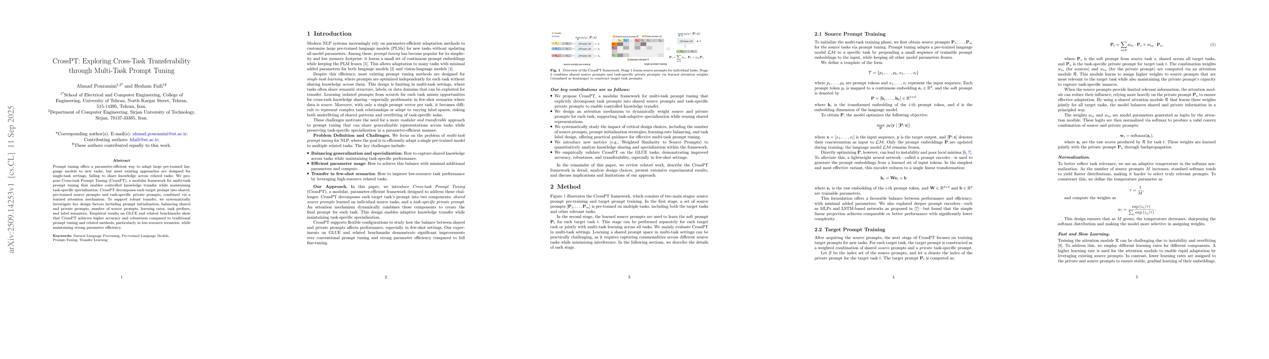 Thumbnail for CrossPT: Exploring Cross-Task Transferability through Multi-Task Prompt
  Tuning