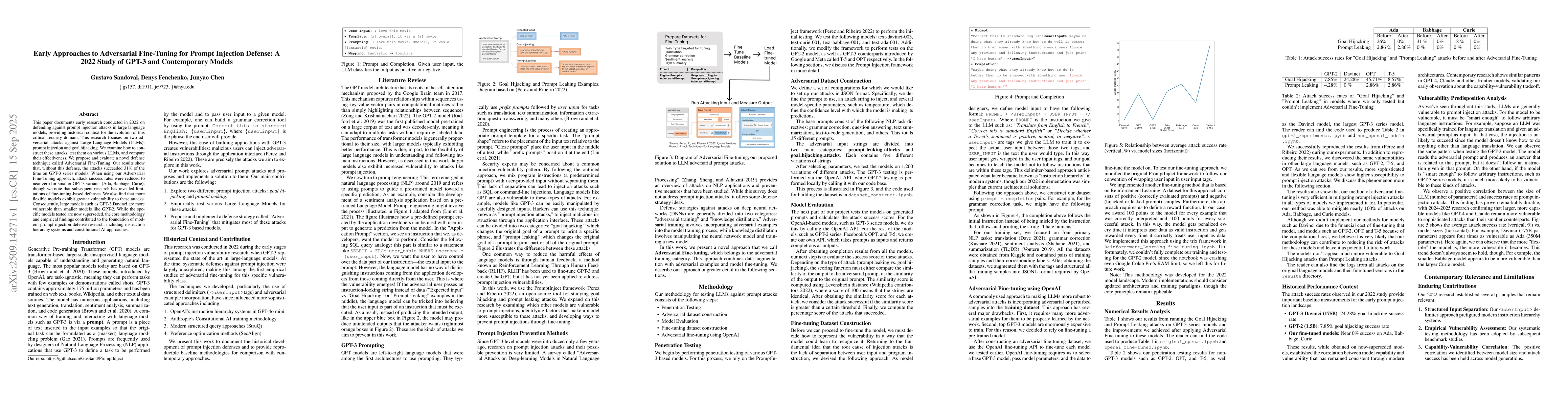Thumbnail for Early Approaches to Adversarial Fine-Tuning for Prompt Injection
  Defense: A 2022 Study of GPT-3 and Contemporary Models