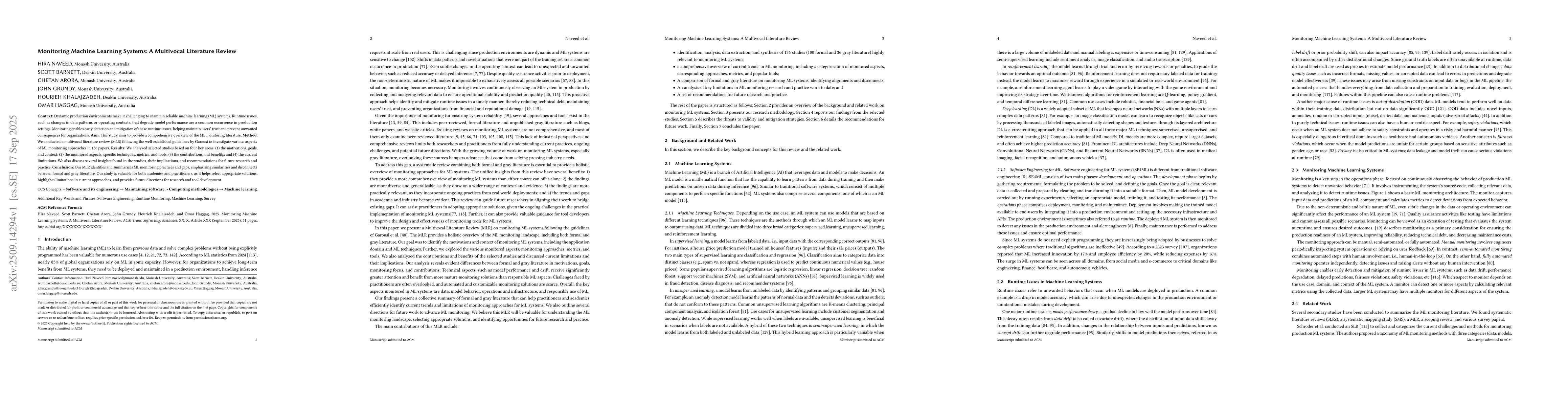 Thumbnail for Monitoring Machine Learning Systems: A Multivocal Literature Review