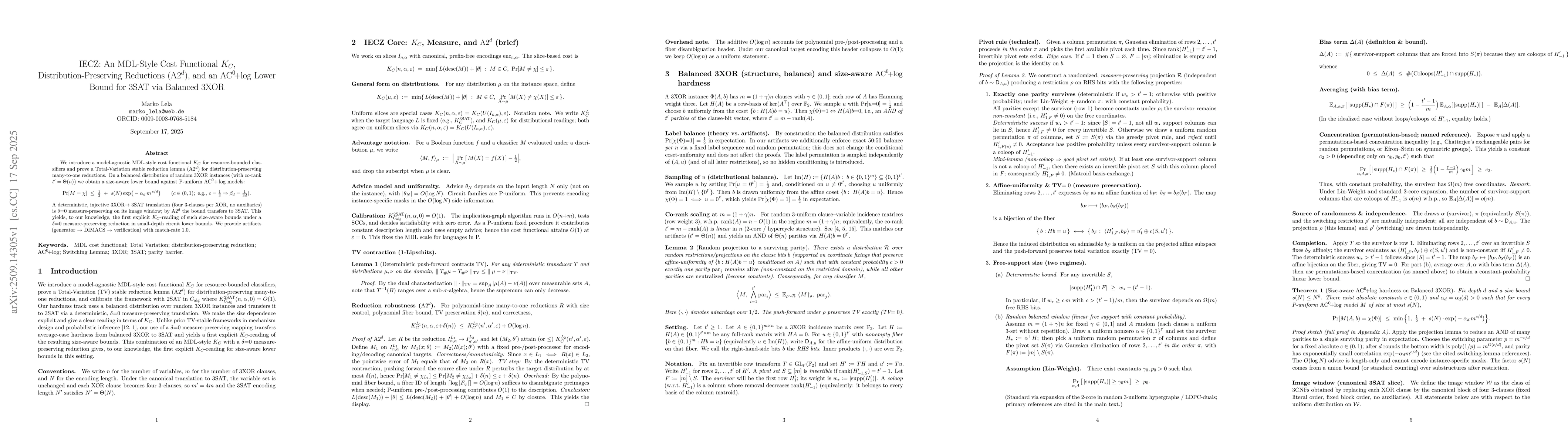 Thumbnail for An MDL-Style Cost Functional KC, Distribution-Preserving Reductions
  ($A2^d$), and an $AC^0$+log Lower Bound for 3SAT via Balanced 3XOR