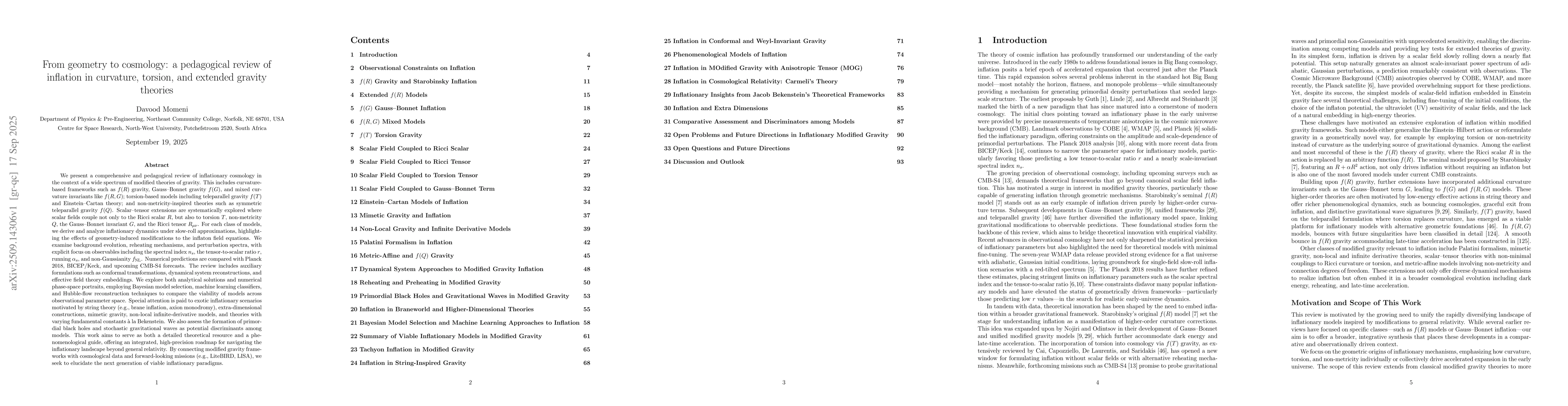 Thumbnail for From geometry to cosmology: a pedagogical review of inflation in
  curvature, torsion, and extended gravity theories