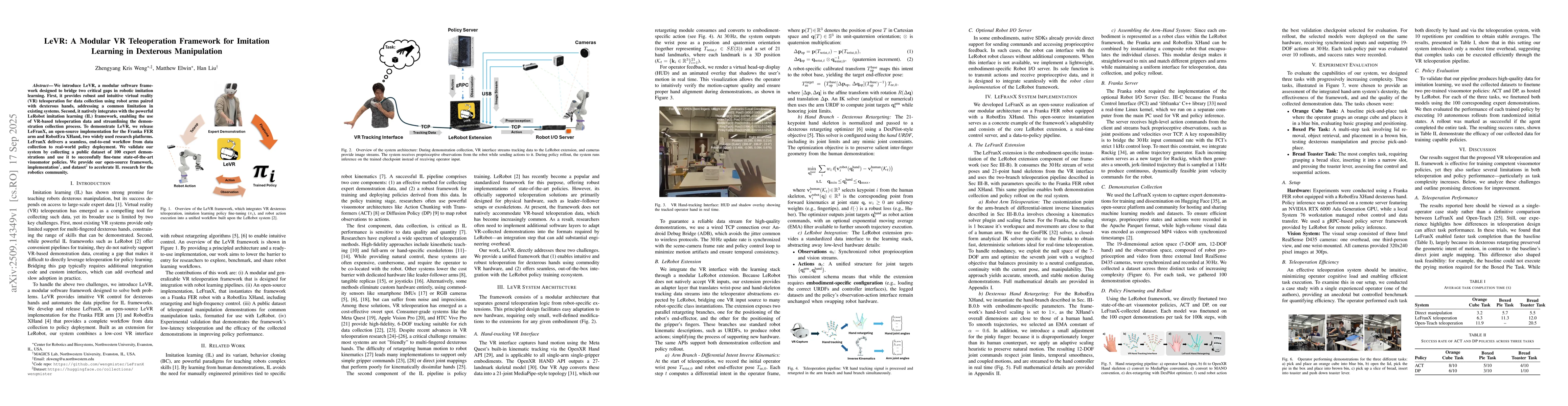 Thumbnail for LeVR: A Modular VR Teleoperation Framework for Imitation Learning in
  Dexterous Manipulation
