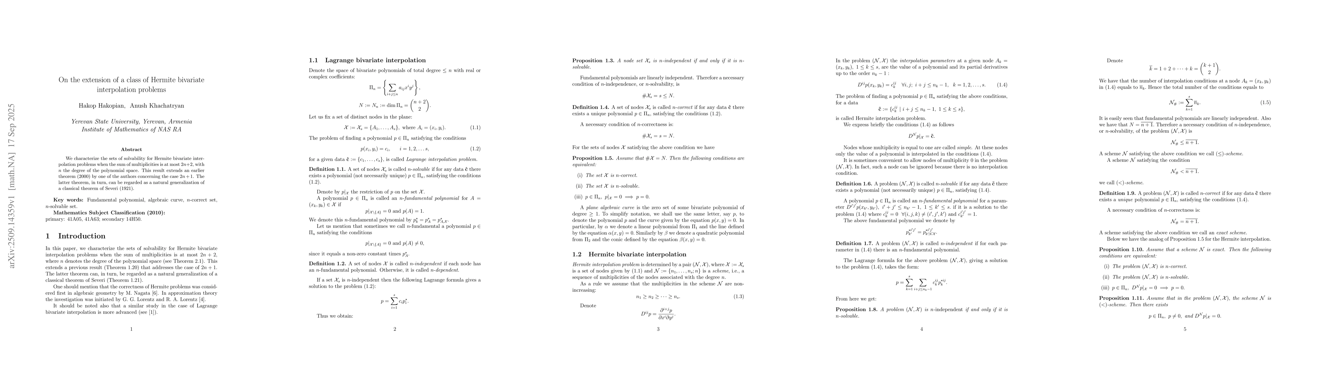 Thumbnail for On the extension of a class of Hermite bivariate interpolation problems