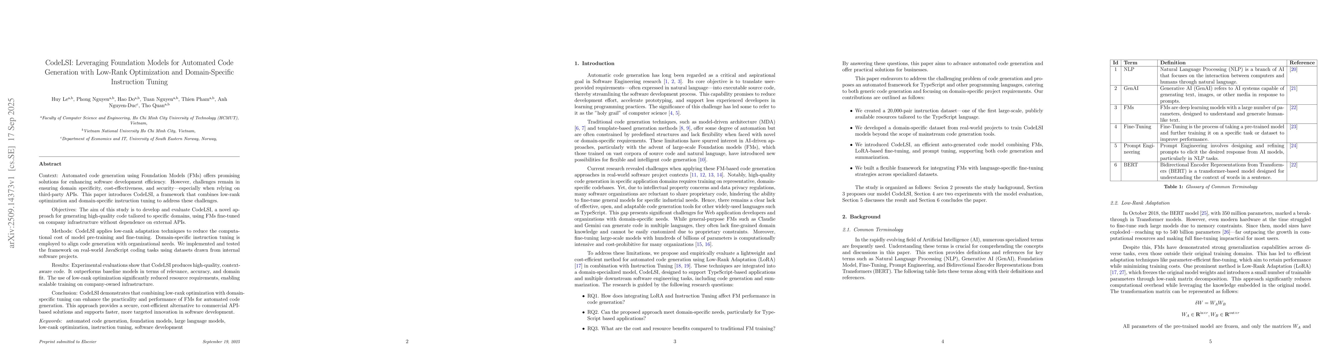 Thumbnail for CodeLSI: Leveraging Foundation Models for Automated Code Generation with
  Low-Rank Optimization and Domain-Specific Instruction Tuning