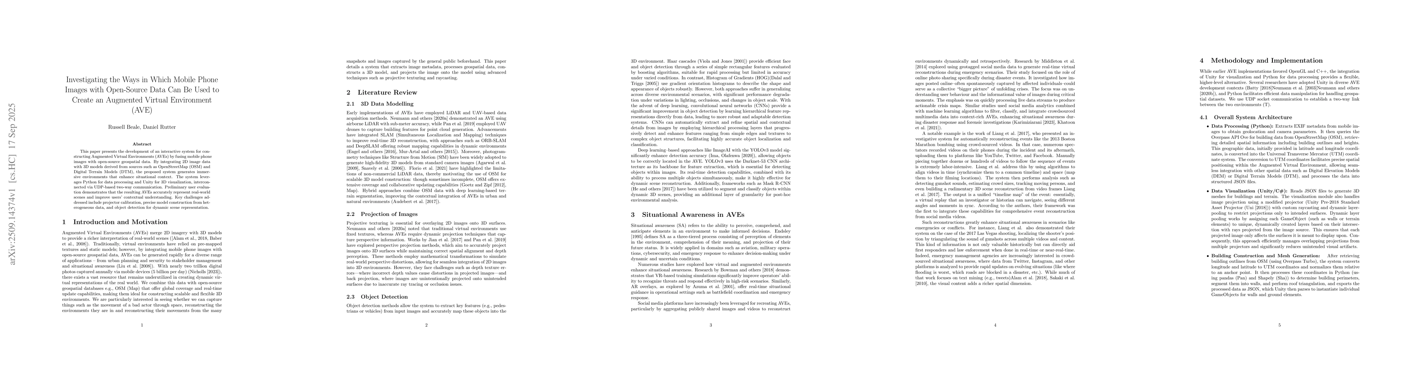 Thumbnail for Investigating the Ways in Which Mobile Phone Images with Open-Source
  Data Can Be Used to Create an Augmented Virtual Environment (AVE)