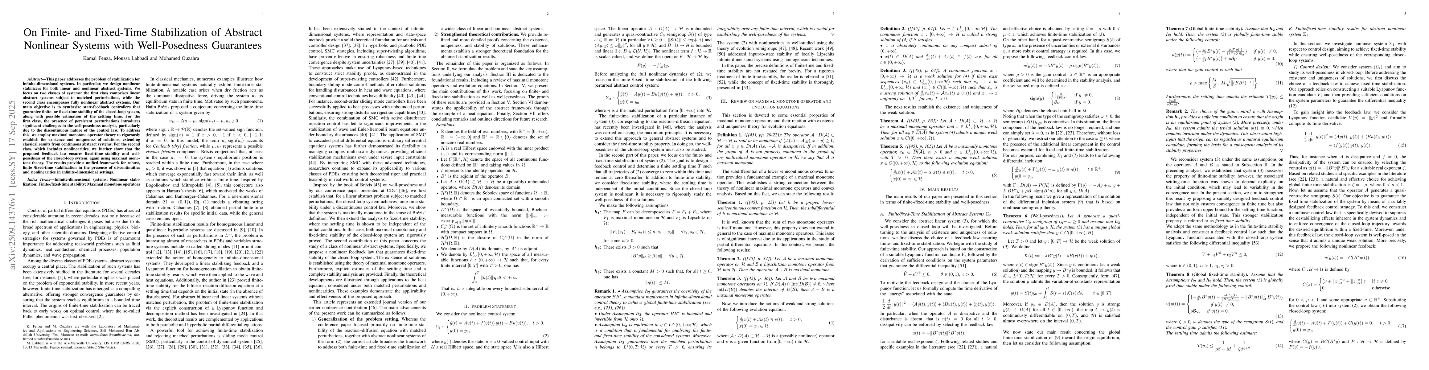 Thumbnail for On Finite- and Fixed-Time Stabilization of Abstract Nonlinear Systems
  with Well-Posedness Guarantees