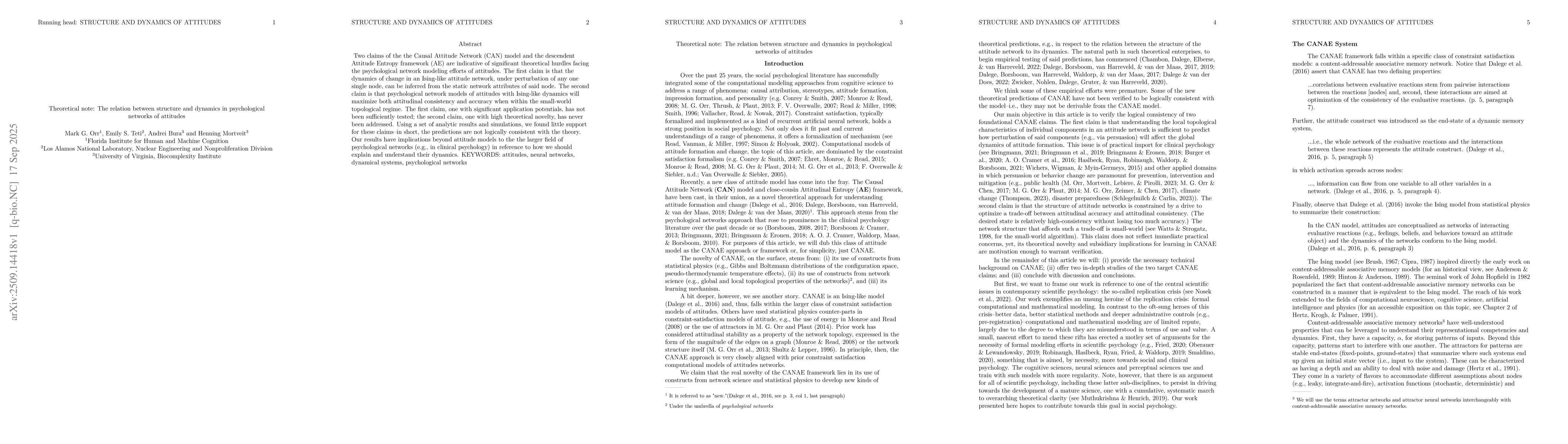 Thumbnail for Theoretical Note: The Relation Between Structure and Dynamics in
  Psychological Networks of Attitudes