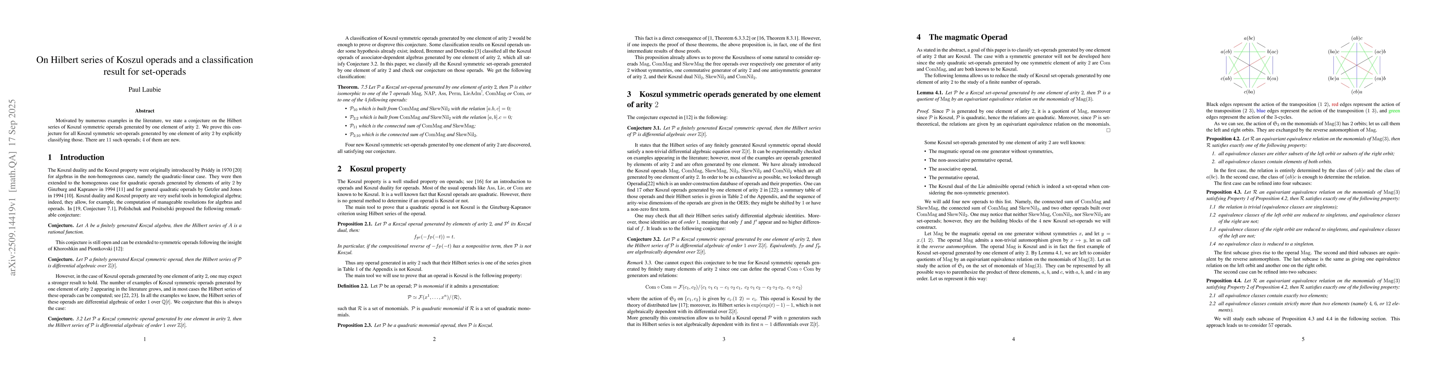Thumbnail for On Hilbert series of Koszul operads and a classification result for
  set-operads