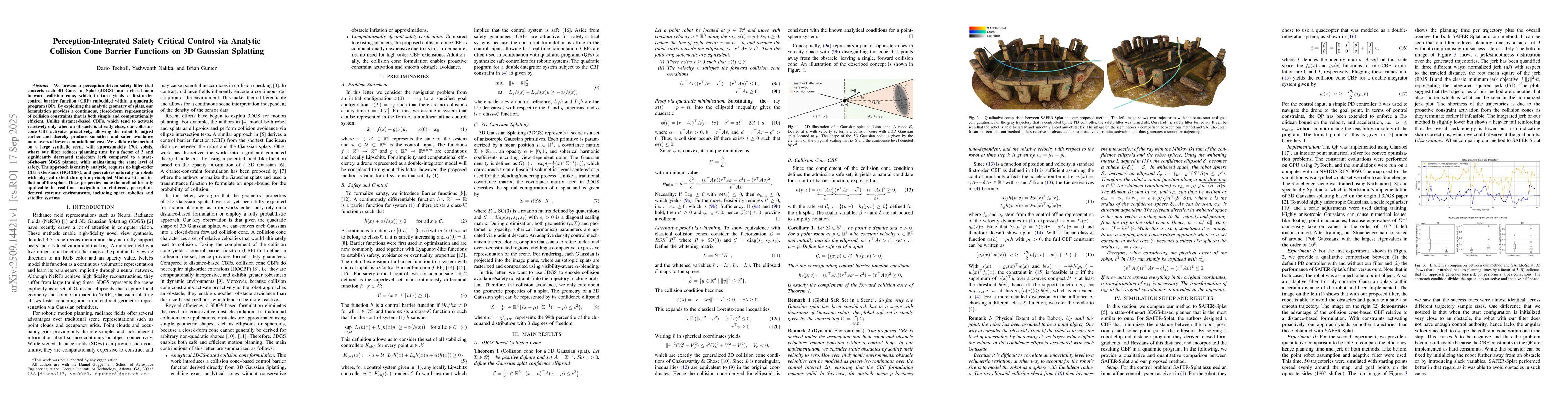 Thumbnail for Perception-Integrated Safety Critical Control via Analytic Collision
  Cone Barrier Functions on 3D Gaussian Splatting