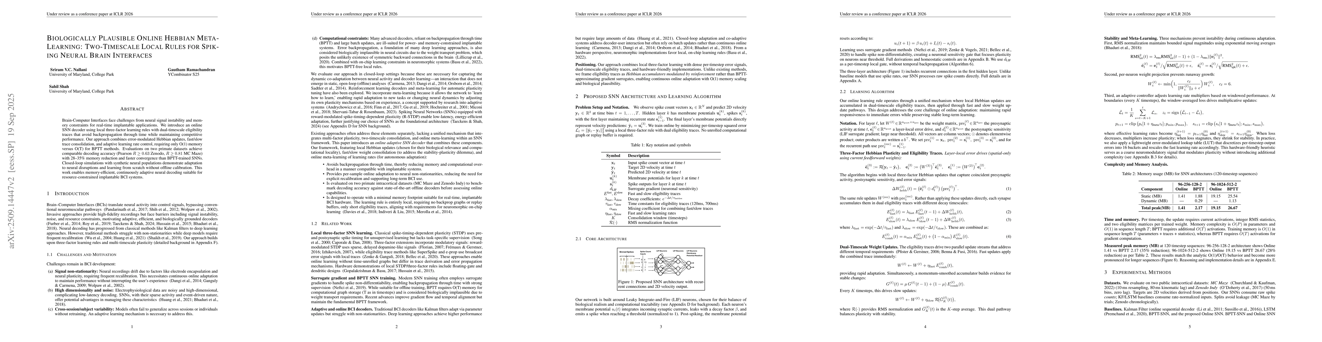 Thumbnail for Biologically Plausible Online Hebbian Meta-Learning: Two-Timescale Local
  Rules for Spiking Neural Brain Interfaces