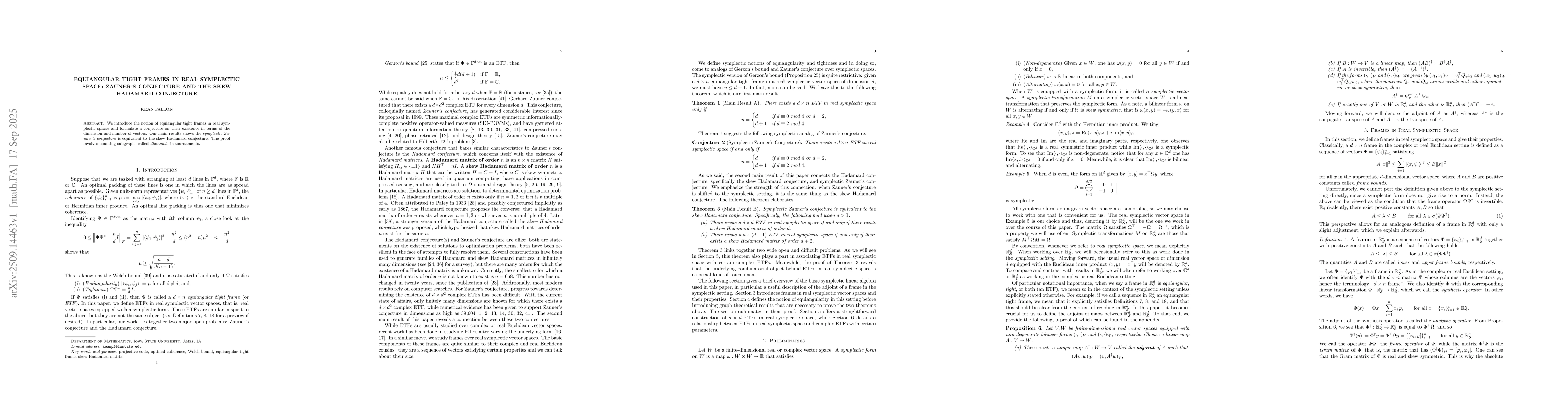 Thumbnail for Equiangular tight frames in real symplectic space: Zauner's conjecture
  and the skew Hadamard conjecture