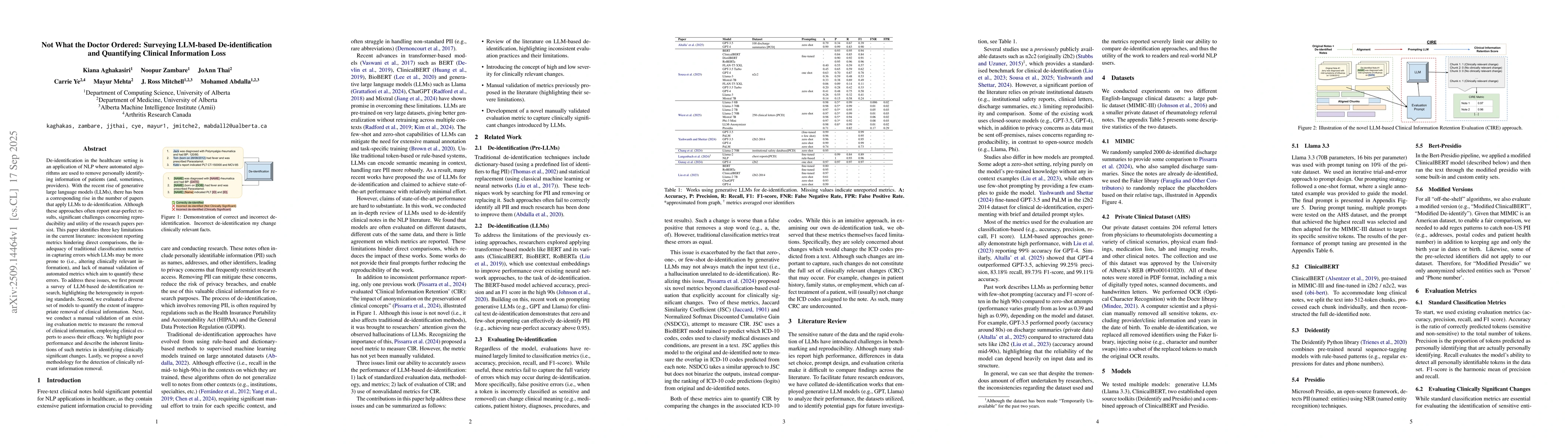 Thumbnail for Not What the Doctor Ordered: Surveying LLM-based De-identification and
  Quantifying Clinical Information Loss