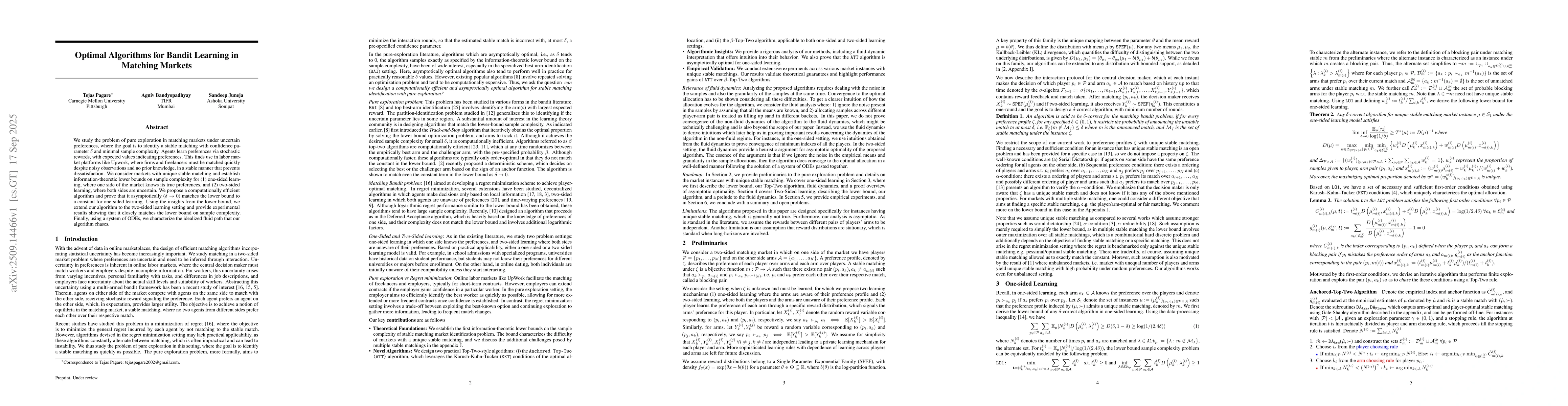 Thumbnail for Optimal Algorithms for Bandit Learning in Matching Markets
