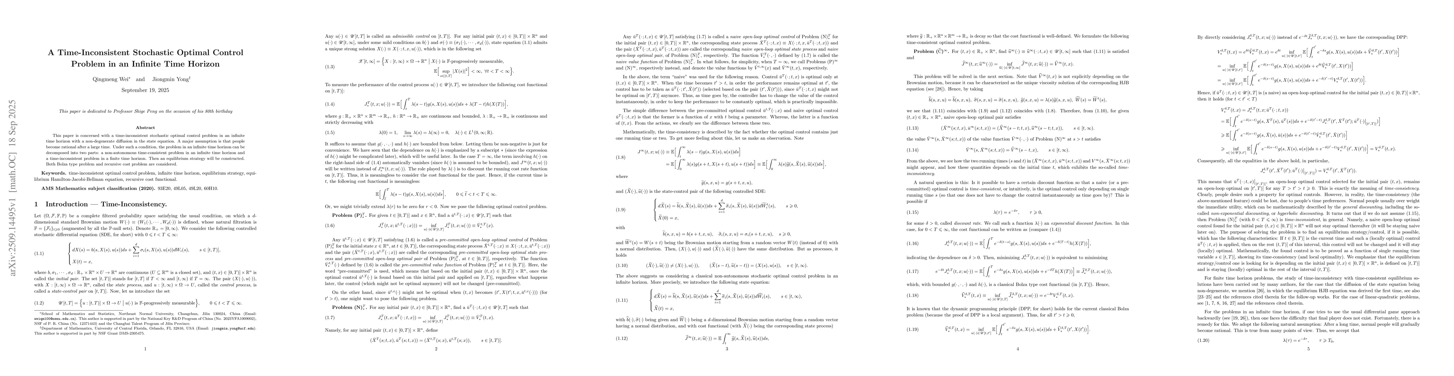 Thumbnail for A Time-Inconsistent Stochastic Optimal Control Problem in an Infinite
  Time Horizon