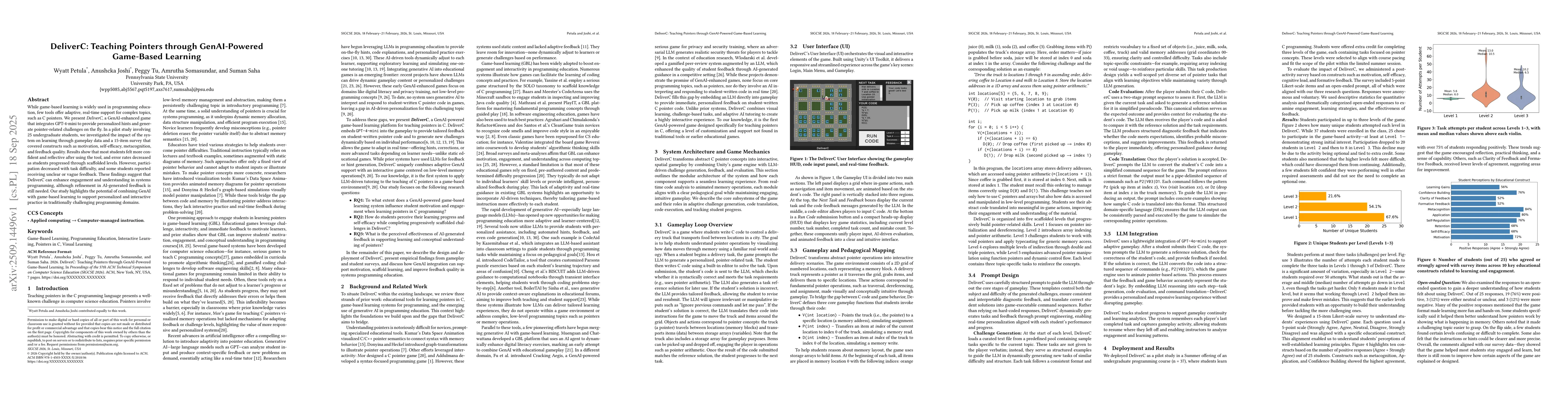 Thumbnail for DeliverC: Teaching Pointers through GenAI-Powered Game-Based Learning