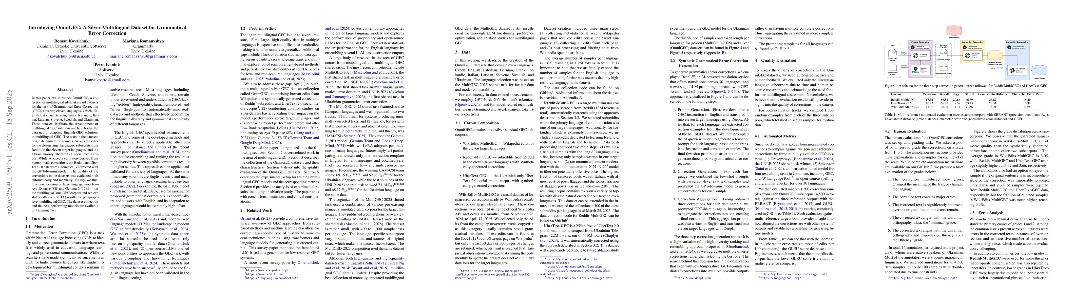 Thumbnail for Introducing OmniGEC: A Silver Multilingual Dataset for Grammatical Error
  Correction
